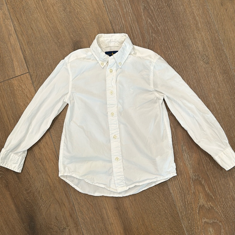 Ralph Lauren boys long sleeve button down shirt. Size 5. Color white.